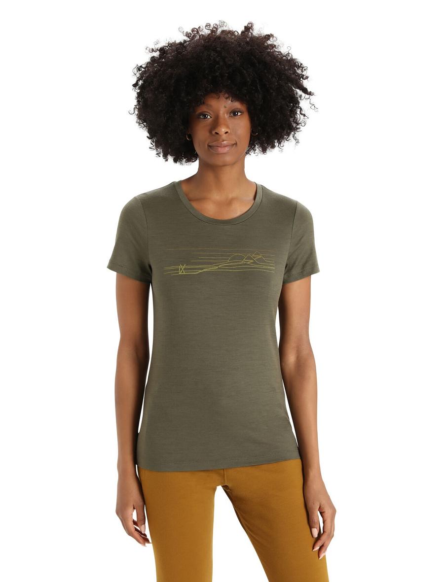 T Shirts Icebreaker Merino Tech Lite II Corta Sleeve Ski Stripes Femme Vert Olive | FR 1592PJJQ